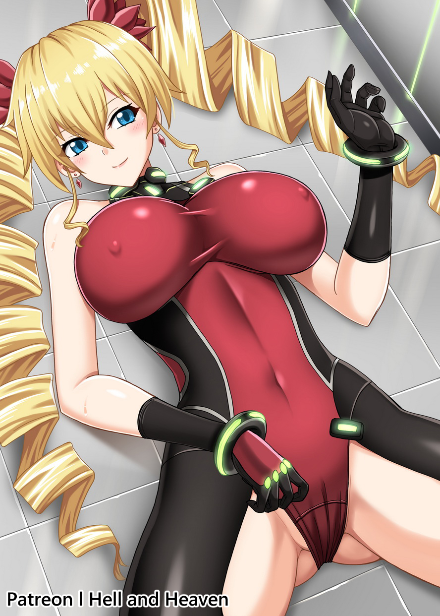 1girl ass bangs bare_shoulders black_gloves blonde_hair blue_eyes blush bodysuit bracelet breasts claire_harvey commentary covered_navel covered_nipples cowboy_shot drill_hair earrings elbow_gloves eyebrows_visible_through_hair gloves groin hair_between_eyes hair_ornament hand_up hellandheaven highres hundred jewelry large_breasts leotard long_hair looking_at_viewer lying on_back patreon_username red_leotard shadow shiny shiny_clothes skin_tight smile solo taut_leotard tile_floor tiles twin_drills