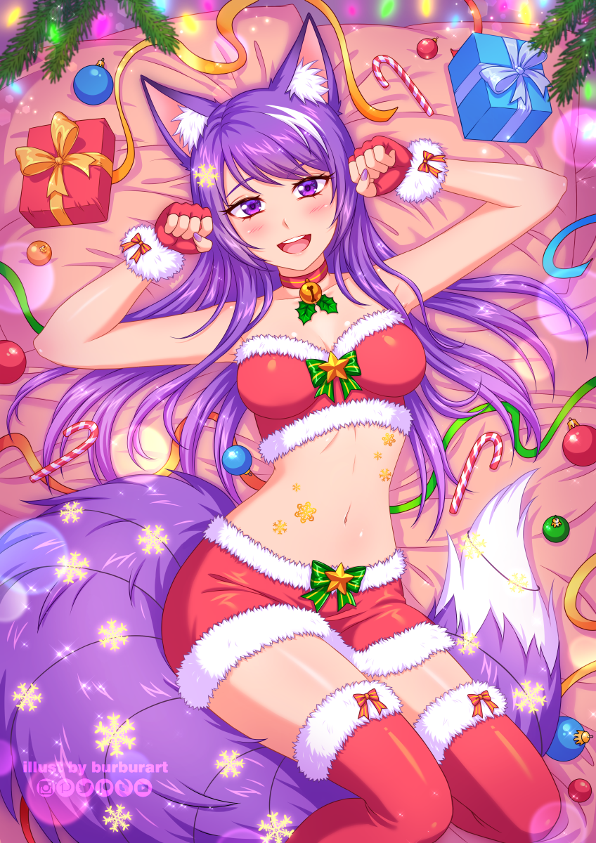 1girl :d animal_ear_fluff animal_ears artist_name bed_sheet bell bell_choker box breasts burbur candy candy_cane choker christmas christmas_ornaments commentary crop_top english_commentary fingerless_gloves food fox_ears fox_girl fox_tail fur-trimmed_legwear fur-trimmed_skirt fur_trim gift gift_box gloves hair_spread_out hands_up highres jingle_bell long_hair looking_at_viewer lying medium_breasts midriff miniskirt mixed-language_commentary navel on_back open_mouth original paw_pose purple_hair purple_nails red_gloves red_legwear red_skirt ribbon santa_costume skirt smile snowflakes solo tail thigh-highs upper_teeth violet_eyes watermark zettai_ryouiki
