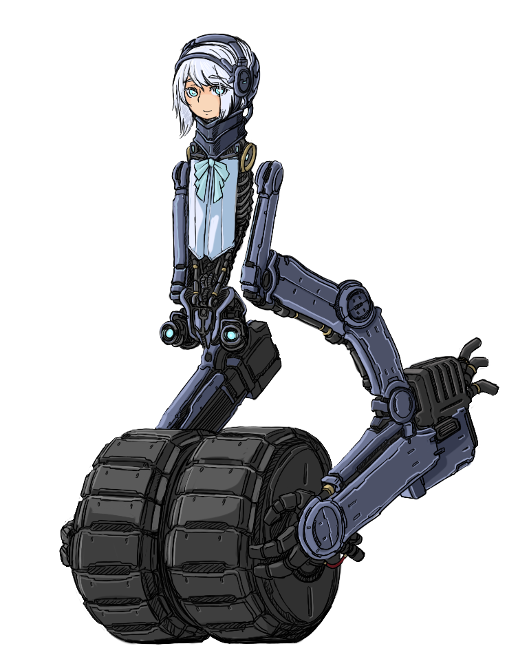 1girl android blue_bow blue_eyes blue_neckwear bow bowtie closed_mouth detached_arm doekuramori grey_hair looking_at_viewer medium_hair no_legs robot smile solo tagme the_citadel transparent_background wheel
