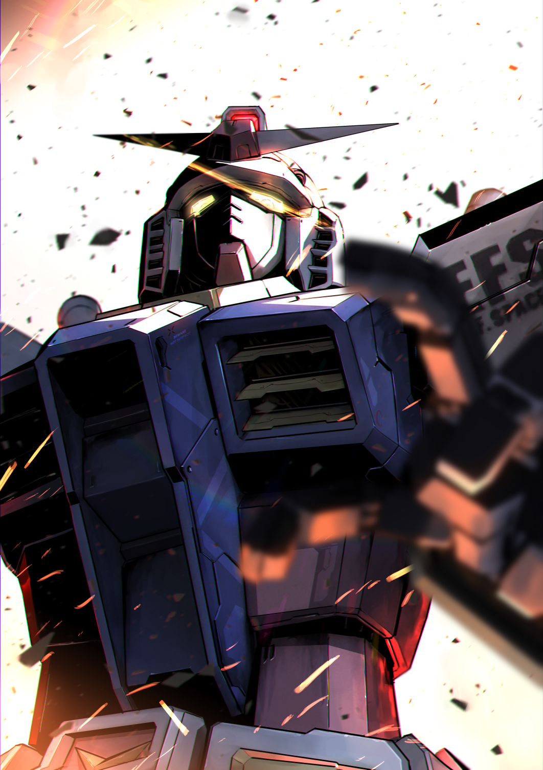 blurry_foreground from_below glowing glowing_eyes gundam highres kuri_giepi looking_up mecha mobile_suit_gundam no_humans open_hand rx-78-2 science_fiction solo v-fin yellow_eyes