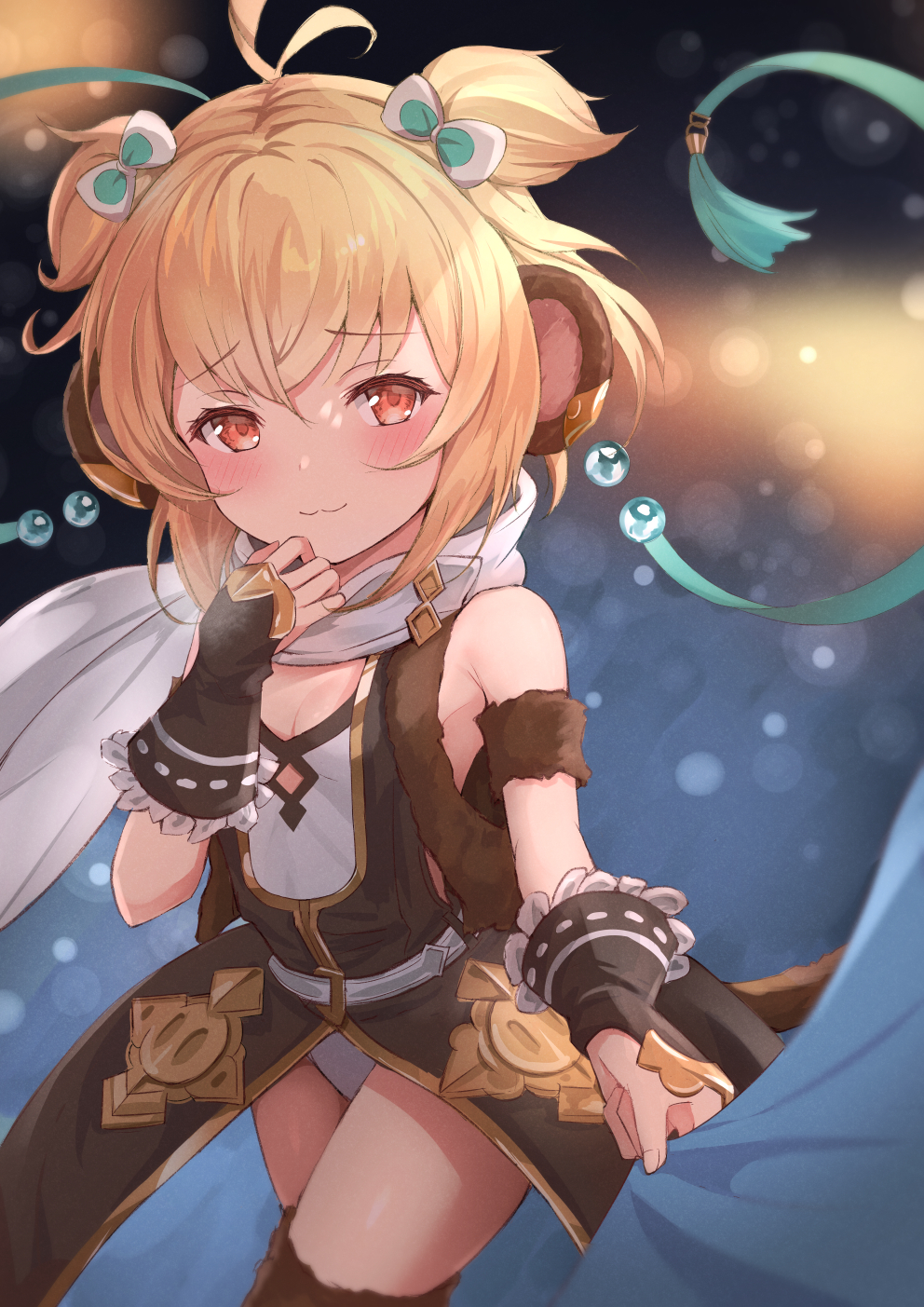 1girl alternate_costume andira_(granblue_fantasy) animal_ears black_gloves blonde_hair breasts closed_mouth cowboy_shot erune gloves granblue_fantasy highres kimblee leotard light_smile looking_at_viewer monkey_ears monkey_tail red_eyes scarf short_hair small_breasts snow solo tail thigh-highs twintails two_side_up white_leotard white_scarf