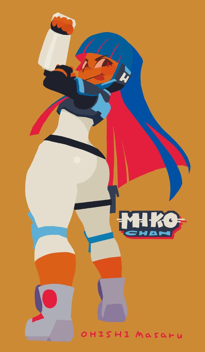 armor ass bangs belt blue_hair fingerless_gloves gauntlets glitch_techs gloves headset highres knee_pads long_hair looking_back miko_kubota multicolored_hair nickelodeon ramb_chop redhead shoes sneakers thick_thighs thighs tongue tongue_out two-tone_hair visor