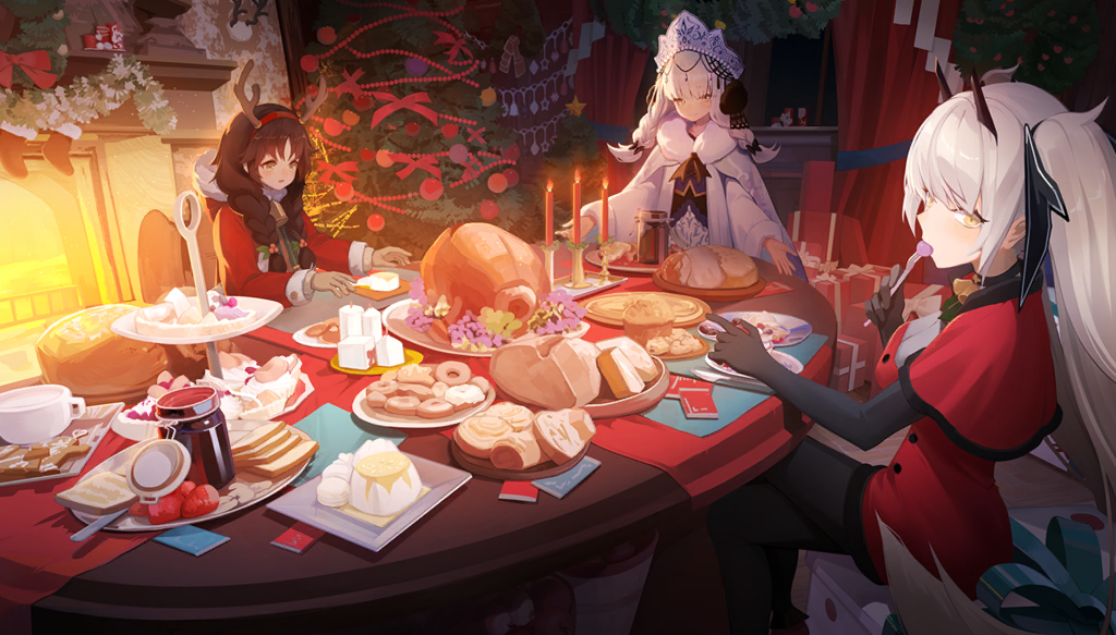 alternate_costume alternate_hairstyle ash_arms brown_hair christmas_tree dress fake_horns fireplace food fw190_(ash_arms) hair_ornament headband horns kv-2_(ash_arms) long_hair looking_at_viewer night official_art panzer_iii_(ash_arms) sitting smile table twintails yellow_eyes