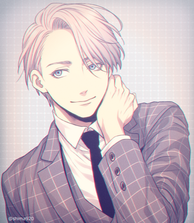 1boy bangs black_neckwear blue_eyes brown_suit brown_vest buttons closed_mouth collared_shirt commentary_request formal grey_background grey_hair hair_over_one_eye hand_on_own_neck long_sleeves male_focus mashima_shima necktie shirt short_hair smile solo suit tile_background twitter_username upper_body vest viktor_nikiforov white_shirt yuri!!!_on_ice