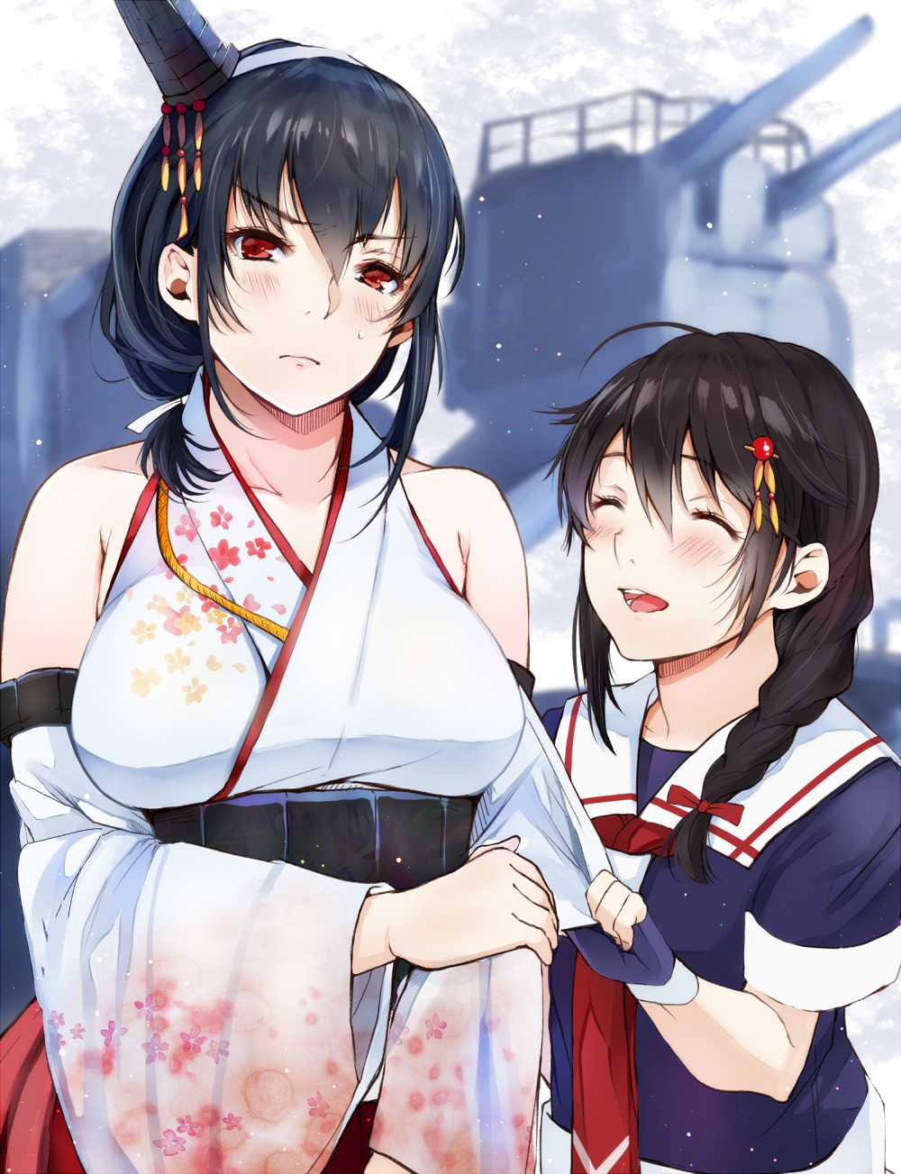 2girls ^_^ ^o^ ahoge bare_shoulders black_gloves black_hair black_serafuku blurry blurry_background blush braid closed_eyes detached_sleeves facing_another fingerless_gloves gloves hair_between_eyes hair_flaps hair_ornament hair_over_shoulder highres kantai_collection looking_at_viewer magai_akashi multiple_girls necktie nontraditional_miko red_eyes red_neckwear remodel_(kantai_collection) school_uniform serafuku shigure_(kantai_collection) sleeve_tug turret wide_sleeves yamashiro_(kantai_collection)