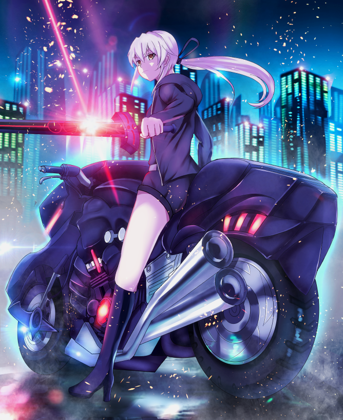 1girl araimooah artoria_pendragon_(all) blonde_hair boots building excalibur_morgan fate/grand_order fate_(series) from_behind ground_vehicle jacket jet_black_king_of_knights_ver._shinjuku_1999 knee_boots long_hair looking_at_viewer motor_vehicle motorcycle night ponytail saber_alter shorts skyscraper solo thighs