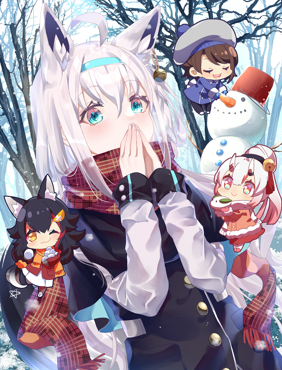 4girls :3 ahoge animal_ear_fluff animal_ears bangs bare_tree bell beret black_coat black_hair blue_coat blue_gloves braid brown_hair capelet chibi closed_eyes coat commentary_request covering_mouth earrings eyebrows_visible_through_hair fams_(group) fox_ears fox_girl fox_tail gezerun gloves gradient_hair green_eyes grey_gloves hair_bell hair_between_eyes hair_ornament hairband hairclip hands_together hat highres hololive horns jewelry long_hair long_sleeves looking_at_viewer multicolored_hair multiple_girls nakiri_ayame one_eye_closed oni_horns ookami_mio oozora_subaru outdoors pentagram pink_eyes pink_gloves ponytail red_coat redhead scarf shirakami_fubuki short_hair sidelocks single_braid skirt snow snow_bunny snowball snowman swept_bangs tail tree two-tone_hair virtual_youtuber white_hair white_skirt wolf_ears wolf_girl yellow_eyes