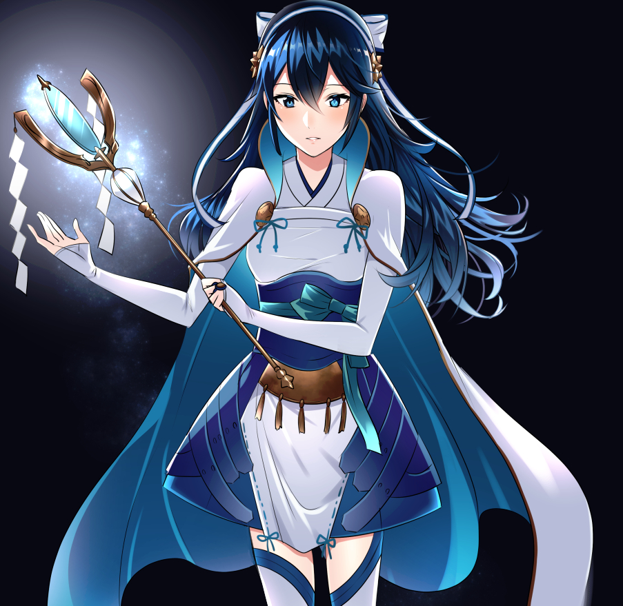 1girl alternate_costume ameno_(a_meno0) aqua_bow bangs blue_eyes blue_hair bow breasts cape commentary_request cosplay elbow_gloves fire_emblem fire_emblem_awakening floating_cape floating_hair gloves hair_between_eyes hair_bow hair_ornament japanese_clothes long_hair looking_at_viewer lucina_(fire_emblem) nontraditional_miko sakura_(fire_emblem) sidelocks simple_background slim_legs small_breasts solo staff standing striped striped_bow symbol-shaped_pupils thigh-highs white_gloves white_legwear zettai_ryouiki