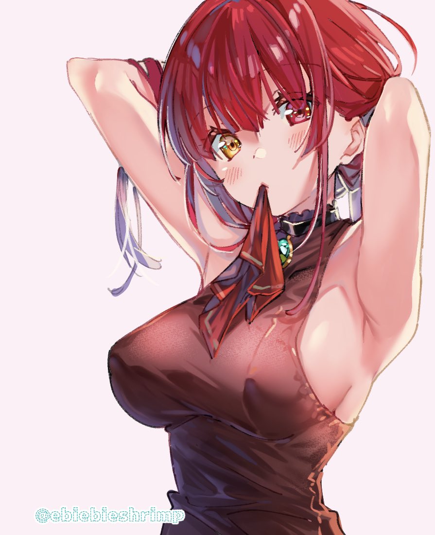 1girl armpits arms_up bangs bare_shoulders blush breasts hair_ribbon heterochromia hololive houshou_marine large_breasts long_hair looking_at_viewer mouth_hold open_mouth red_eyes redhead ribbon shuri_(84k) solo virtual_youtuber yellow_eyes