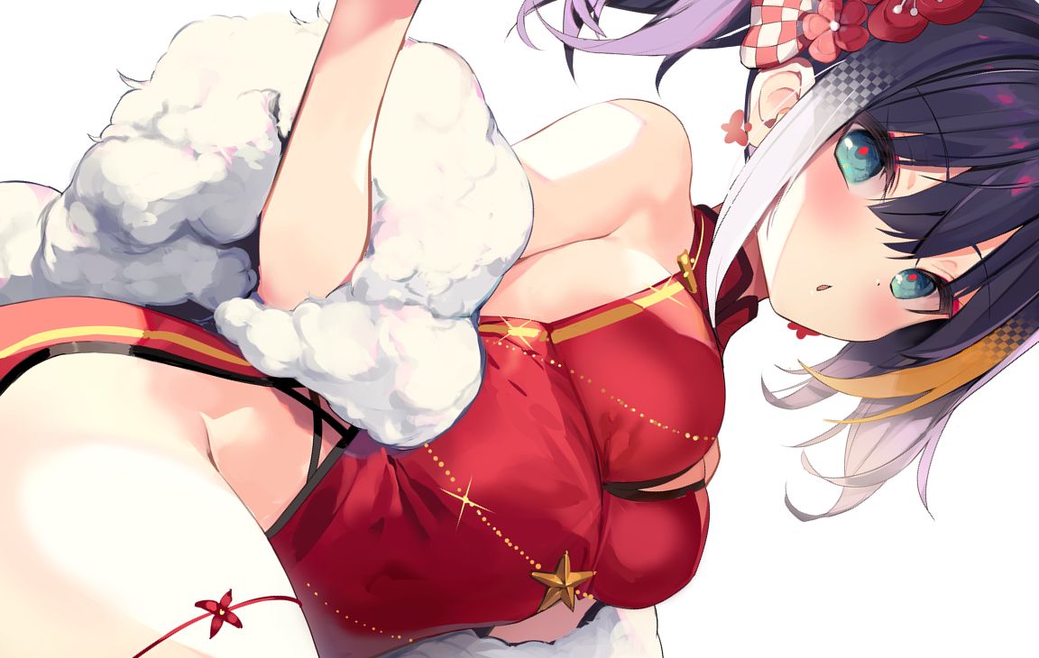 1girl armpit_crease bare_shoulders black_hair blue_eyes breasts chestnut_mouth china_dress chinese_clothes close-up dress dutch_angle feather_boa gradient_hair hair_ornament long_hair looking_at_viewer medium_breasts multicolored_hair nekoboshi_sakko no_bra no_panties original parted_lips pelvic_curtain red_dress sidelocks simple_background sleeveless sleeveless_dress solo thigh_strap thighs twintails white_background