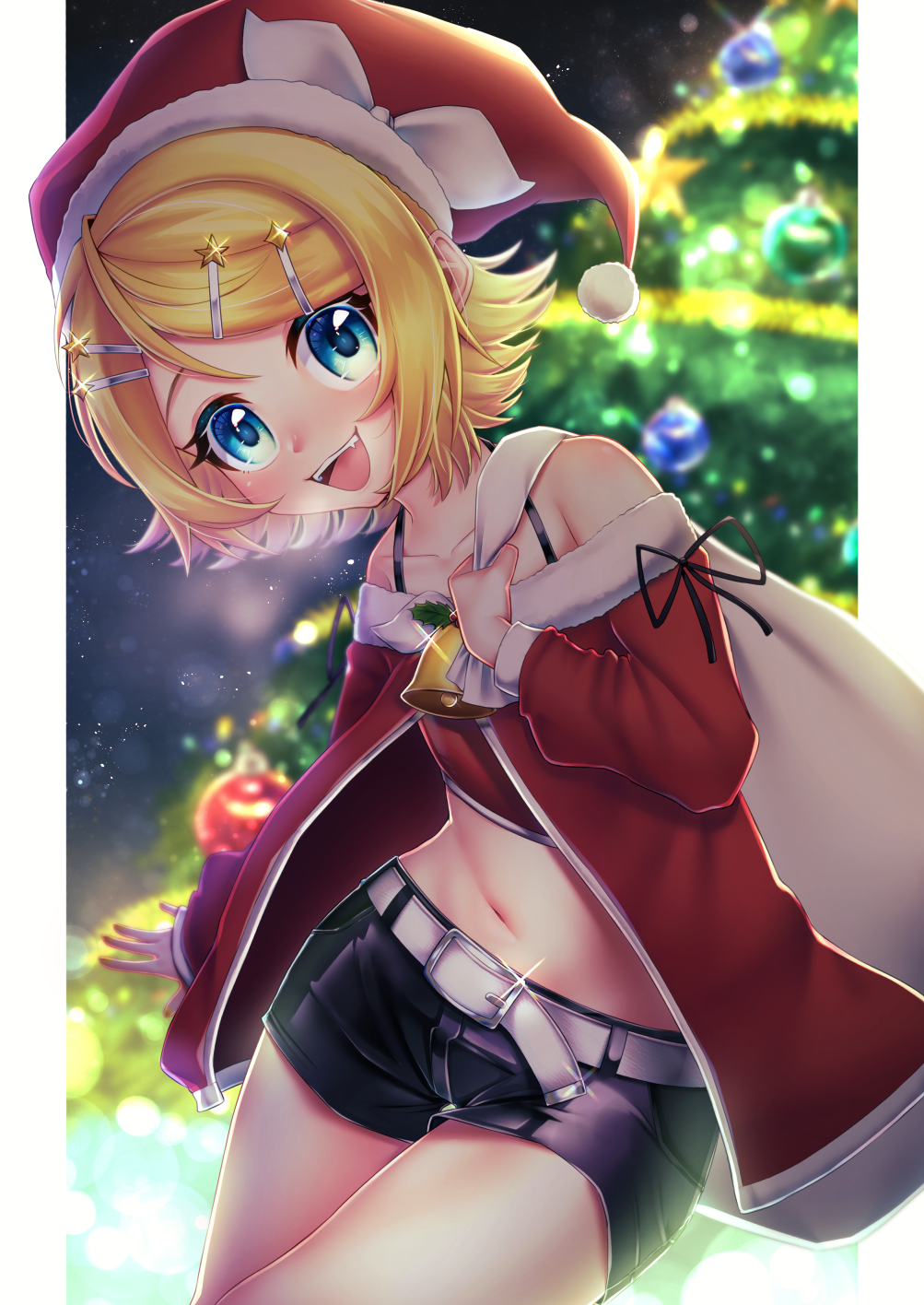 1girl ataraii_moyasi bangs belt black_shorts blonde_hair blue_eyes blurry blurry_background bow christmas christmas_ornaments christmas_tree collarbone commentary cowboy_shot crop_top fang fur-trimmed_headwear fur-trimmed_jacket fur_trim garland_(decoration) hair_bow hair_ornament hairclip hat highres holding holding_sack holly jacket kagamine_rin midriff navel neck_bell night night_sky off-shoulder_jacket open_mouth red_headwear red_jacket red_shirt sack santa_costume santa_hat shirt short_hair short_shorts shorts sky smile solo star_(symbol) star_hair_ornament swept_bangs vocaloid white_bow