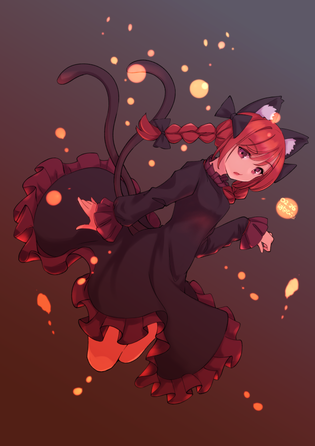 1girl animal_ear_fluff animal_ears bangs black_bow black_dress bow braid breasts cat_ears cat_tail commentary_request cropped_legs dated dress eyebrows_visible_through_hair gradient gradient_background hair_bow kaenbyou_rin long_hair long_sleeves looking_ahead multiple_tails nekomata parted_lips paw_pose petticoat red_background red_eyes redhead simple_background small_breasts solo tail touhou twin_braids twintails two_tails umenodo