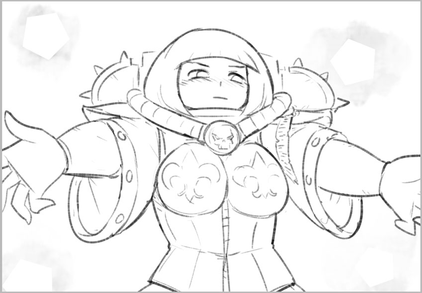 1girl armor blush boobplate closed_mouth embarrassed greyscale incoming_hug looking_away lutherniel medium_hair monochrome my_little_pogchamp_(meme) sister_of_battle solo upper_body warhammer_40k wide_sleeves