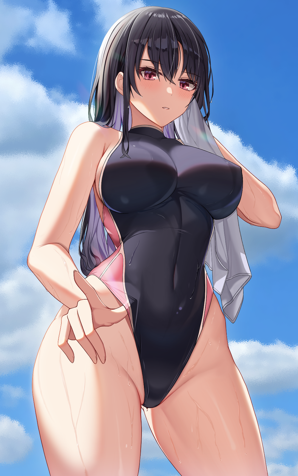 1girl adjusting_clothes adjusting_swimsuit asato_mai ass_visible_through_thighs backlighting bangs black_hair black_swimsuit blue_sky blush breasts clouds competition_swimsuit contrapposto covered_navel cowboy_shot day dripping drying drying_hair eyebrows_visible_through_hair groin hair_between_eyes hand_up highleg highleg_swimsuit highres hip_bones holding holding_towel impossible_clothes impossible_swimsuit long_hair medium_breasts one-piece_swimsuit original outdoors parted_lips sideboob sky solo standing sunlight swimsuit towel turtleneck violet_eyes wet wet_clothes wet_hair wet_swimsuit
