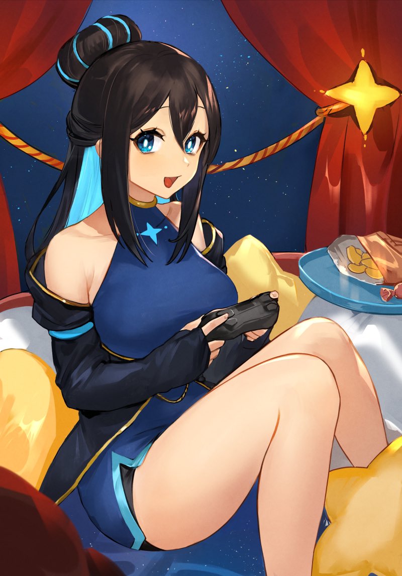 1girl black_hair blue_eyes blue_hair breasts bright_pupils chips colored_inner_hair commission controller detached_sleeves food game_controller hair_between_eyes hair_bun holding holding_controller holding_game_controller indie_virtual_youtuber looking_to_the_side medium_breasts multicolored_hair nima_(niru54) open_mouth pokey_pokums potato_chips shoulders sidelocks skeb_commission sky solo star_(sky) starry_sky virtual_youtuber white_pupils window