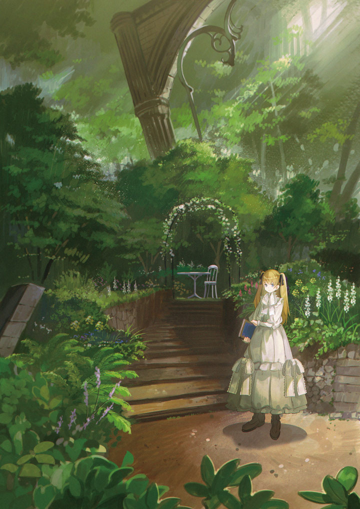 1girl blonde_hair blue_eyes book bow chair dress flower noki_(affabile) original plant scenery shoes solo stairs table tagme tree twintails white_dress