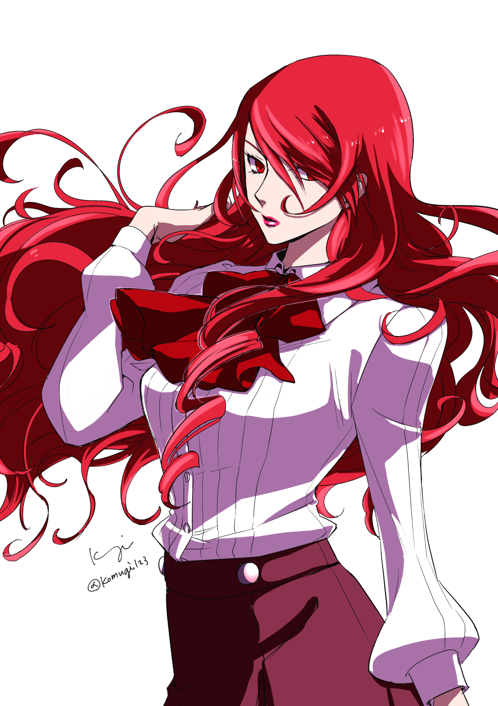 1girl bangs collared_shirt commentary_request cowboy_shot eyelashes hair_over_one_eye hand_up highres kirijou_mitsuru komugi_(mugiwaraclub) lipstick long_hair looking_at_viewer makeup medium_hair persona persona_3 red_eyes red_lips red_neckwear red_skirt shiny shiny_hair shirt sidelocks signature simple_background skirt solo twitter_username white_background white_shirt