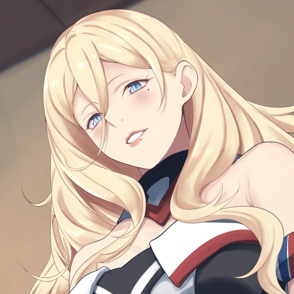 1girl armband bare_shoulders blonde_hair blue_eyes commentary_request dress hair_between_eyes kantai_collection long_hair looking_at_viewer mole mole_under_eye mole_under_mouth multicolored multicolored_clothes off-shoulder_dress off_shoulder parted_lips richelieu_(kantai_collection) shingyou_(alexander-13) solo strapless strapless_dress two-tone_dress upper_body