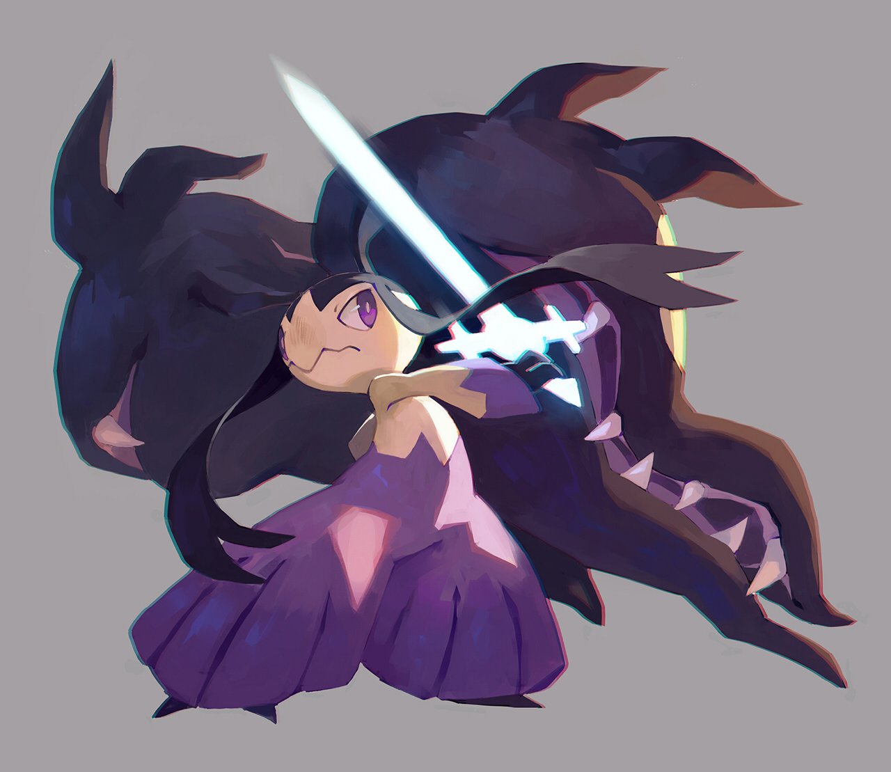 bluekomadori blush closed_mouth commentary english_commentary extra_mouth full_body gen_3_pokemon glowing glowing_sword glowing_weapon grey_background holding holding_sword holding_weapon mawile mega_mawile mega_pokemon no_humans nose_blush pokemon pokemon_(creature) simple_background solo standing sword violet_eyes weapon
