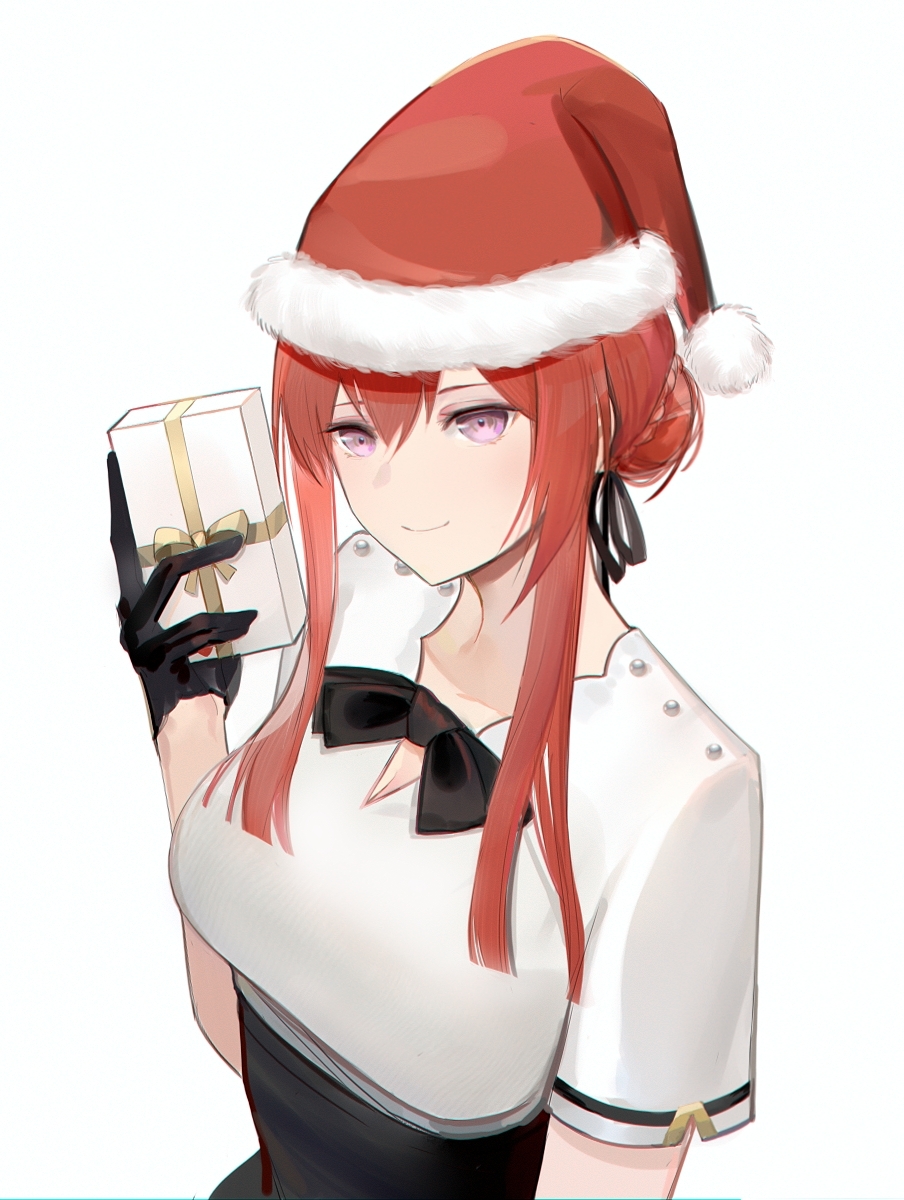 alternate_costume azur_lane black_bow black_gloves bow box braid chilli_646 french_braid fur-trimmed_headwear gift gift_box gloves hat highres holding holding_gift long_hair looking_at_viewer monarch_(azur_lane) pink_eyes redhead santa_hat short_sleeves simple_background upper_body white_background