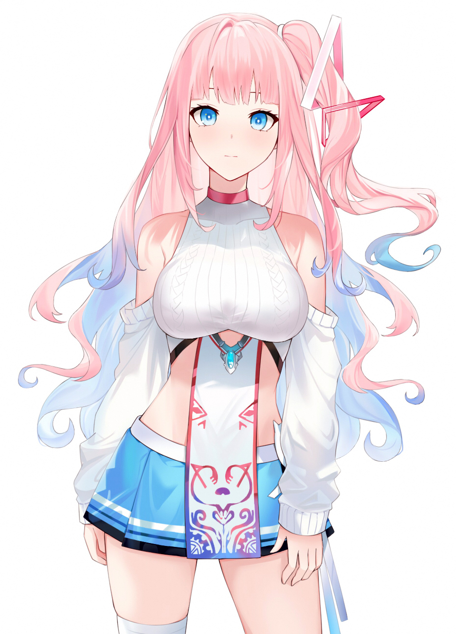 1girl bangs bare_shoulders blue_eyes blue_hair blue_skirt blush breasts bustier closed_mouth contrapposto cowboy_shot crop_top detached_sleeves gradient_hair hair_ornament highres large_breasts long_hair long_sleeves looking_at_viewer miniskirt multicolored_hair one_side_up pink_hair pleated_skirt propro_production ribbed_sweater simple_background single_thighhigh skirt solo sweater sylviez thigh-highs turtleneck turtleneck_sweater very_long_hair virtual_youtuber wavy_hair white_background white_legwear white_sweater yumesaki_mia