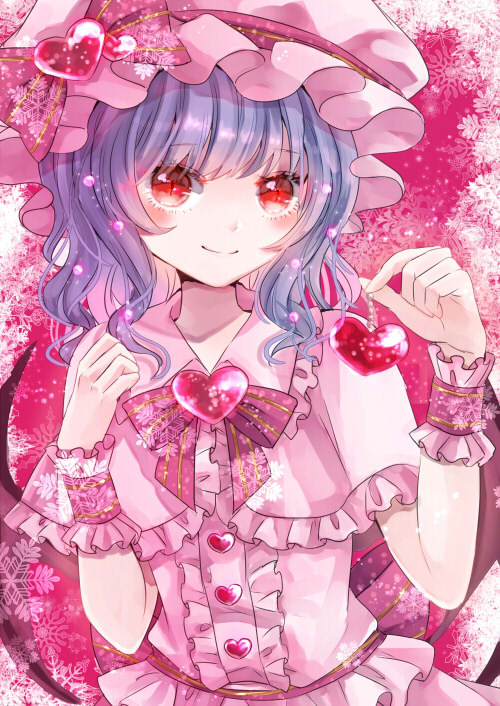1girl arms_up bangs bat_wings blue_hair blush bow bowtie brooch commentary eyebrows_visible_through_hair hat hat_ribbon heart jaku_sono jewelry mob_cap ornament pink_background pink_capelet pink_headwear pink_shirt pink_skirt puffy_short_sleeves puffy_sleeves red_eyes remilia_scarlet ribbon shirt short_hair short_sleeves skirt slit_pupils smile snowflake_background solo standing striped striped_neckwear touhou upper_body wings wrist_cuffs