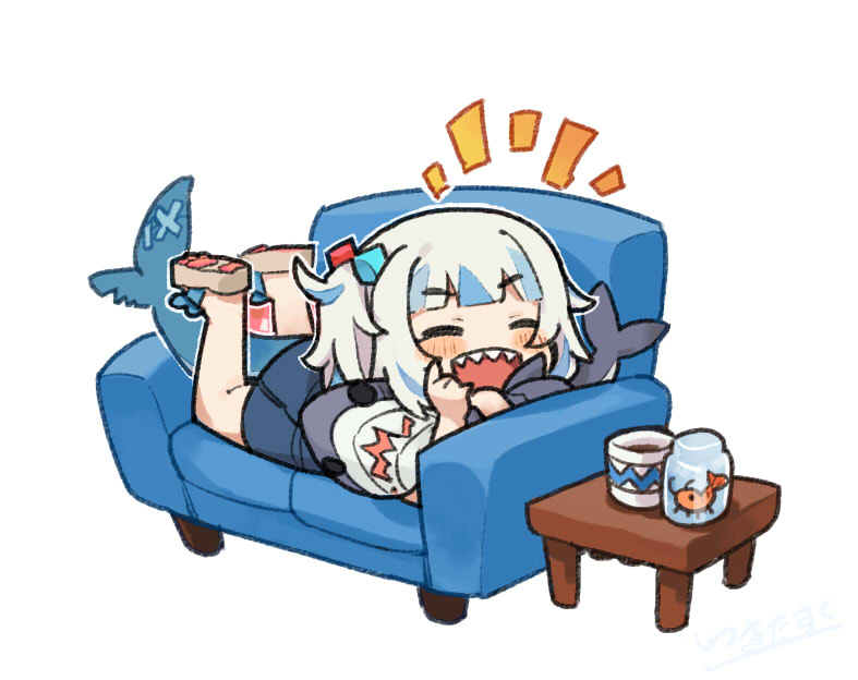 1girl :d ^_^ bangs blue_dress blue_hair blush brown_footwear chibi closed_eyes commentary_request couch cup dress eyebrows_visible_through_hair fish_tail gawr_gura hair_cubes hair_ornament hololive hololive_english itsuki_tasuku legs_up lying mug multicolored_hair notice_lines on_couch on_stomach open_mouth revision sandals shark_tail sharp_teeth shoe_soles shrimp side_ponytail simple_background smile solo streaked_hair stuffed_animal stuffed_shark stuffed_toy tail teeth virtual_youtuber white_background white_hair