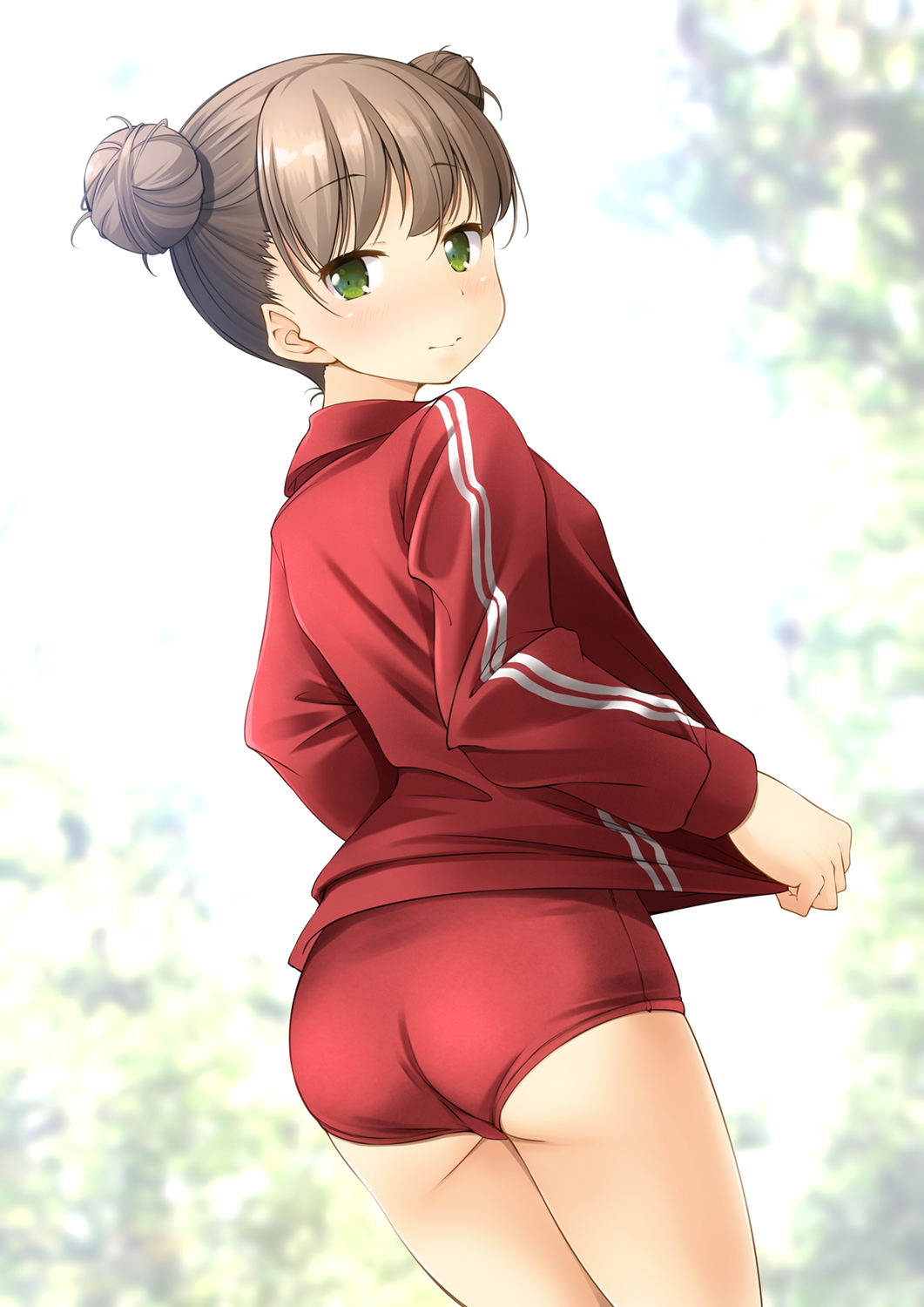 1girl ass bangs blurry blurry_background blush brown_hair buruma closed_mouth commentary_request depth_of_field double_bun dutch_angle eyebrows_visible_through_hair from_behind green_eyes gym_uniform highres jacket long_sleeves looking_at_viewer looking_back original red_buruma red_jacket shibacha solo standing track_jacket