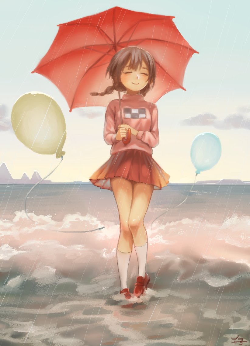 1girl balloon blue_sky blush brown_hair closed_eyes closed_mouth clouds commentary depressionist47 double-parted_bangs floating_hair foaming_waves full_body hands_up heel_up holding holding_umbrella horizon in_water kneehighs legs loafers long_hair long_sleeves low_twintails madotsuki miniskirt ocean outdoors pigeon-toed pink_sweater pleated_skirt rain red_footwear red_skirt red_umbrella shoes signature skirt sky smile socks solo standing sweater turtleneck turtleneck_sweater twintails umbrella waves white_socks wind yume_nikki