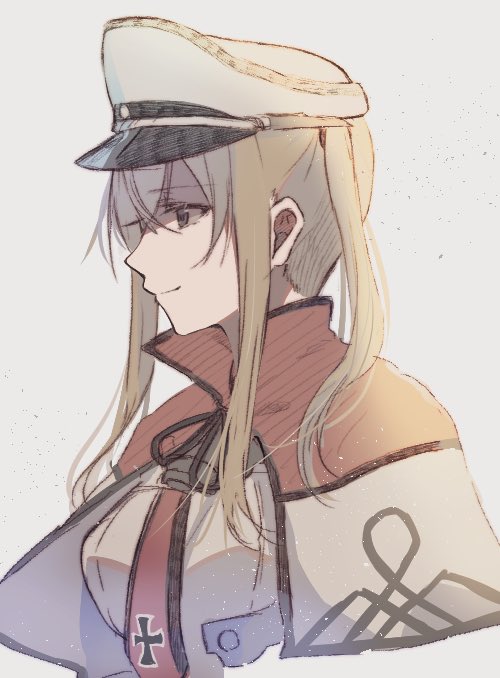 1girl bangs blonde_hair capelet celtic_knot cropped_torso eyebrows_visible_through_hair graf_zeppelin_(kantai_collection) grey_background hair_between_eyes hat iron_cross kantai_collection long_hair military military_uniform necktie peaked_cap profile rinto_(rint_rnt) sidelocks simple_background smile solo twintails uniform upper_body