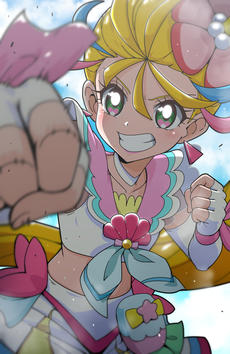 1girl blonde_hair choker collarbone commentary_request cure_summer elbow_gloves fingerless_gloves gloves green_eyes grin heart heart_in_eye magical_girl midriff multicolored_hair natsuumi_manatsu precure punching shirt skirt sleeveless sleeveless_shirt smile solo streaked_hair symbol_in_eye teeth tj-type1 tropical-rouge!_precure white_choker white_gloves white_shirt white_skirt