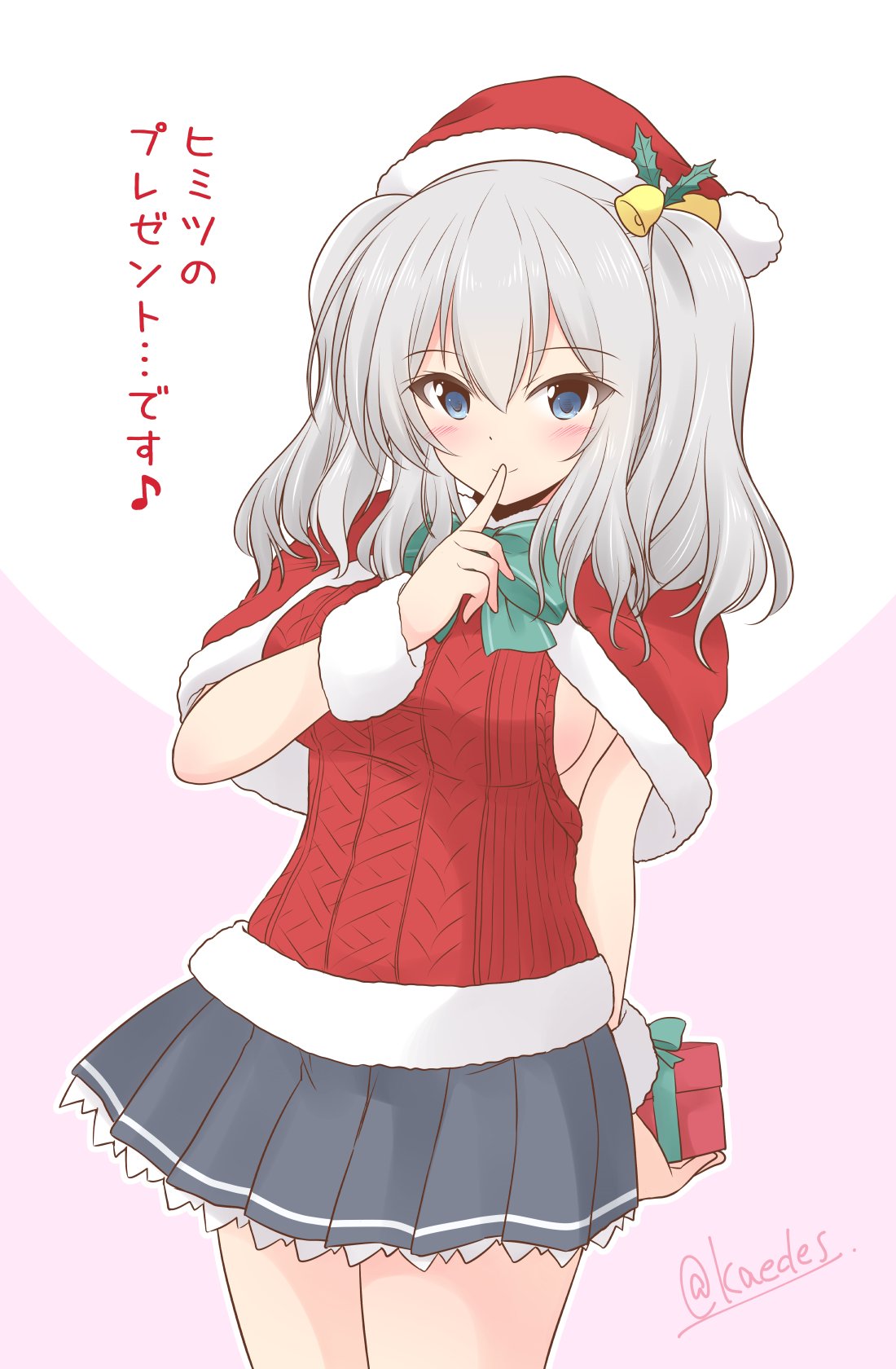1girl arm_behind_back blue_eyes box breasts capelet commentary_request finger_to_mouth fur-trimmed_capelet fur-trimmed_headwear fur_trim gift gift_box grey_skirt hat highres icesherbet kantai_collection kashima_(kantai_collection) long_hair official_alternate_costume pleated_skirt red_capelet red_headwear red_sweater santa_hat sideboob sidelocks silver_hair skirt sleeveless_sweater solo sweater transreq twintails twitter_username wavy_hair wrist_cuffs