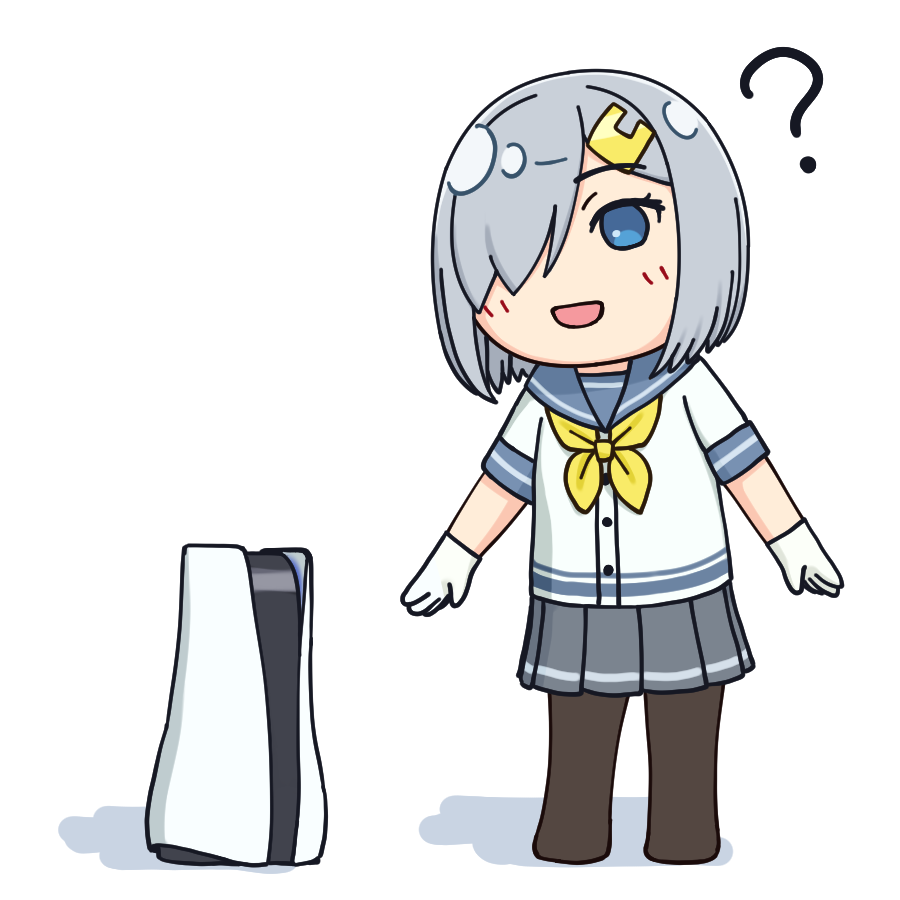 1girl ? black_legwear blue_eyes blue_sailor_collar chibi commentary_request gloves grey_skirt hair_ornament hair_over_one_eye hairclip hamakaze_(kantai_collection) hamatsu! kantai_collection neckerchief playstation_5 pleated_skirt sailor_collar school_uniform serafuku short_hair short_sleeves silver_hair simple_background skirt solo standing white_background white_gloves yellow_neckwear