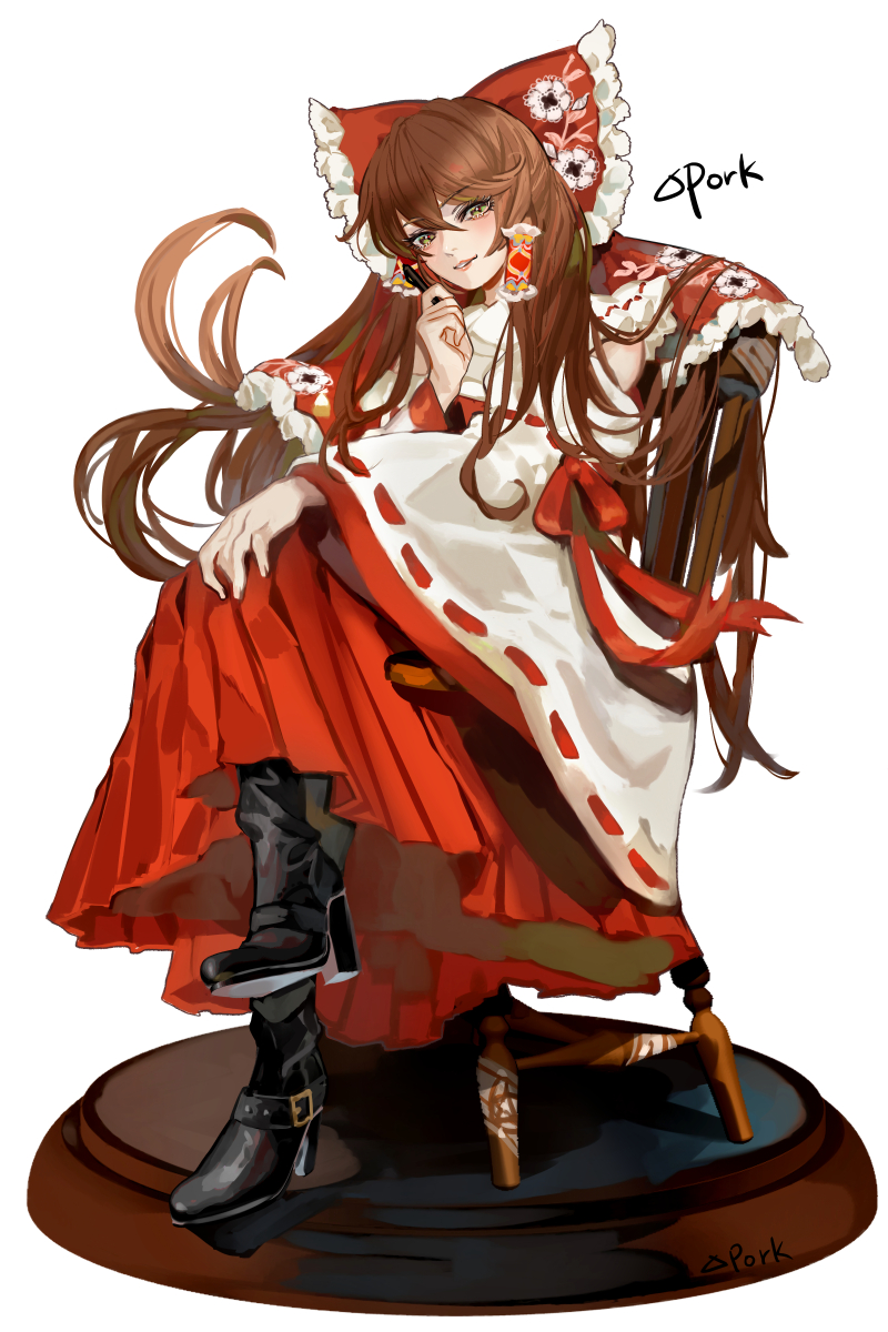 1girl artist_name bare_shoulders black_footwear boots bow brown_hair chair commentary_request crossed_legs deltapork detached_sleeves eyebrows_visible_through_hair floral_print full_body green_eyes hair_between_eyes hair_bow hair_tubes hakurei_reimu hand_on_own_chin highres long_hair parted_lips pleated_skirt red_bow red_ribbon red_skirt ribbon ribbon-trimmed_sleeves ribbon_trim simple_background skirt solo touhou very_long_hair white_background wide_sleeves
