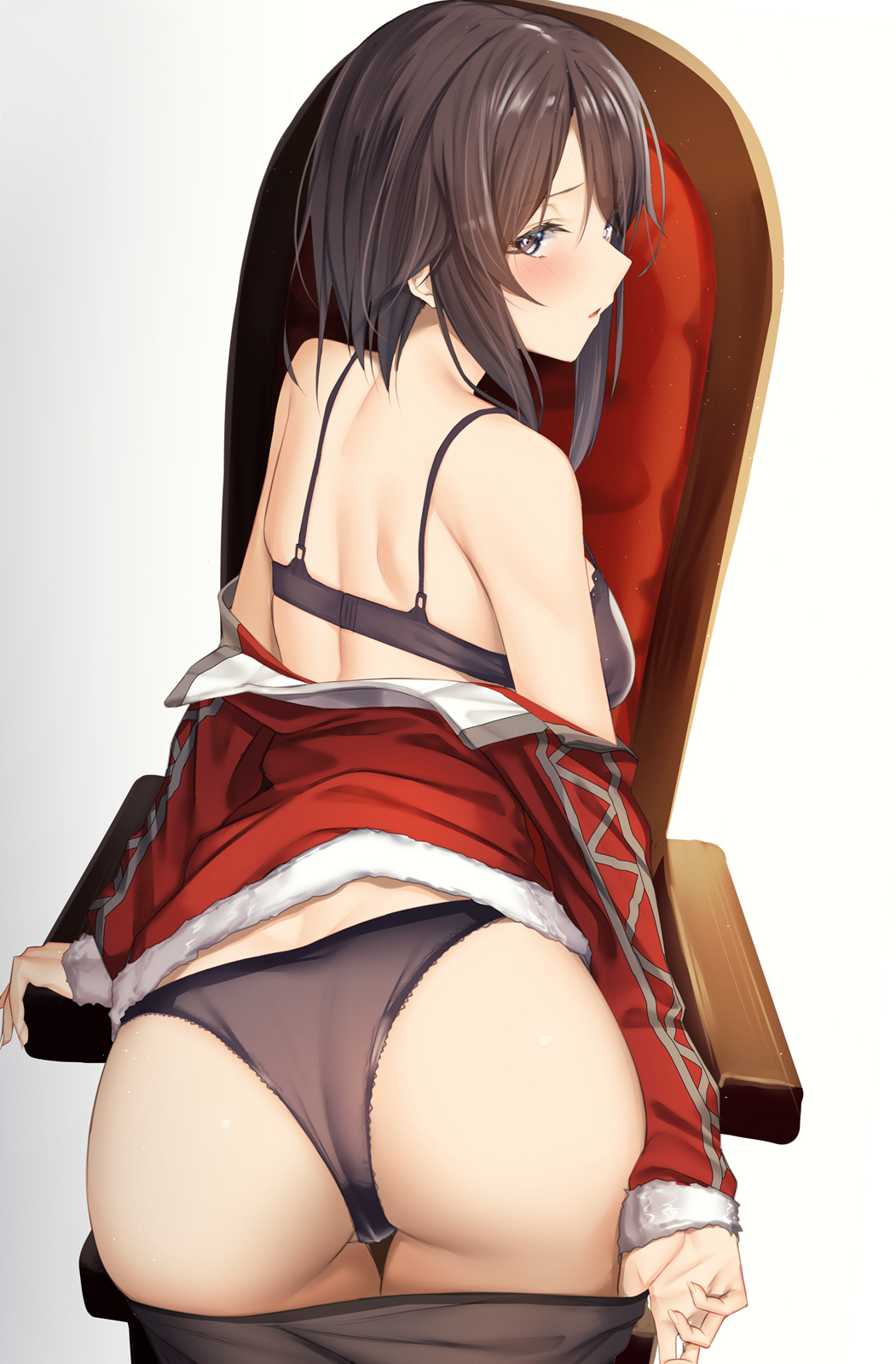 1girl ass bare_shoulders black_bra black_legwear black_panties blush bra breasts brown_hair chair commentary_request from_behind hayasui_(kantai_collection) highres jacket kantai_collection looking_at_viewer looking_back medium_breasts medium_hair off_shoulder official_alternate_costume pallad panties pantyhose pantyhose_pull pulled_by_self sidelocks simple_background solo underwear undressing white_background