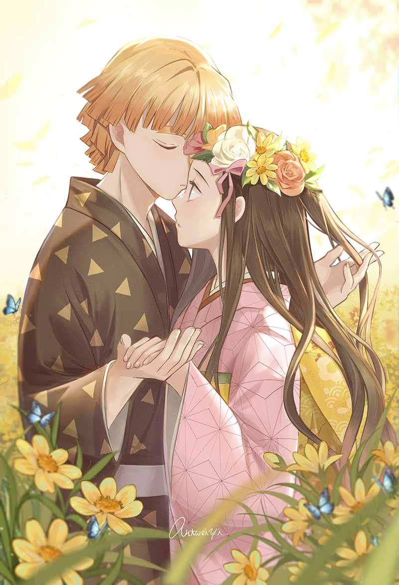 1boy 1girl agatsuma_zenitsu antweiyi bangs black_hair black_kimono blonde_hair blunt_bangs bug butterfly closed_eyes closed_mouth couple cowboy_shot day field flower flower_field hand_in_another's_hair head_wreath hetero holding_hands insect japanese_clothes kamado_nezuko kimetsu_no_yaiba kimono long_hair long_sleeves looking_at_another outdoors pink_kimono short_hair signature standing wide_sleeves