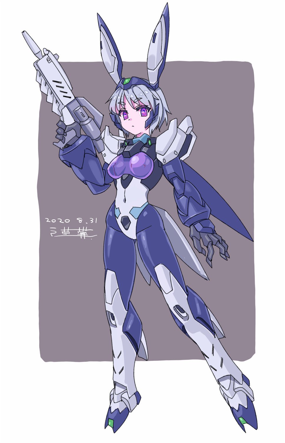 1girl alus_core_gundam beam_rifle breasts dated energy_gun eyebrows_visible_through_hair floating grey_hair gun gundam gundam_build_divers gundam_build_divers_re:rise highres holding holding_gun holding_weapon mecha_musume mechanical_ears medium_breasts michi_kuso open_hand personification short_hair skin_tight solo v-shaped_eyebrows weapon