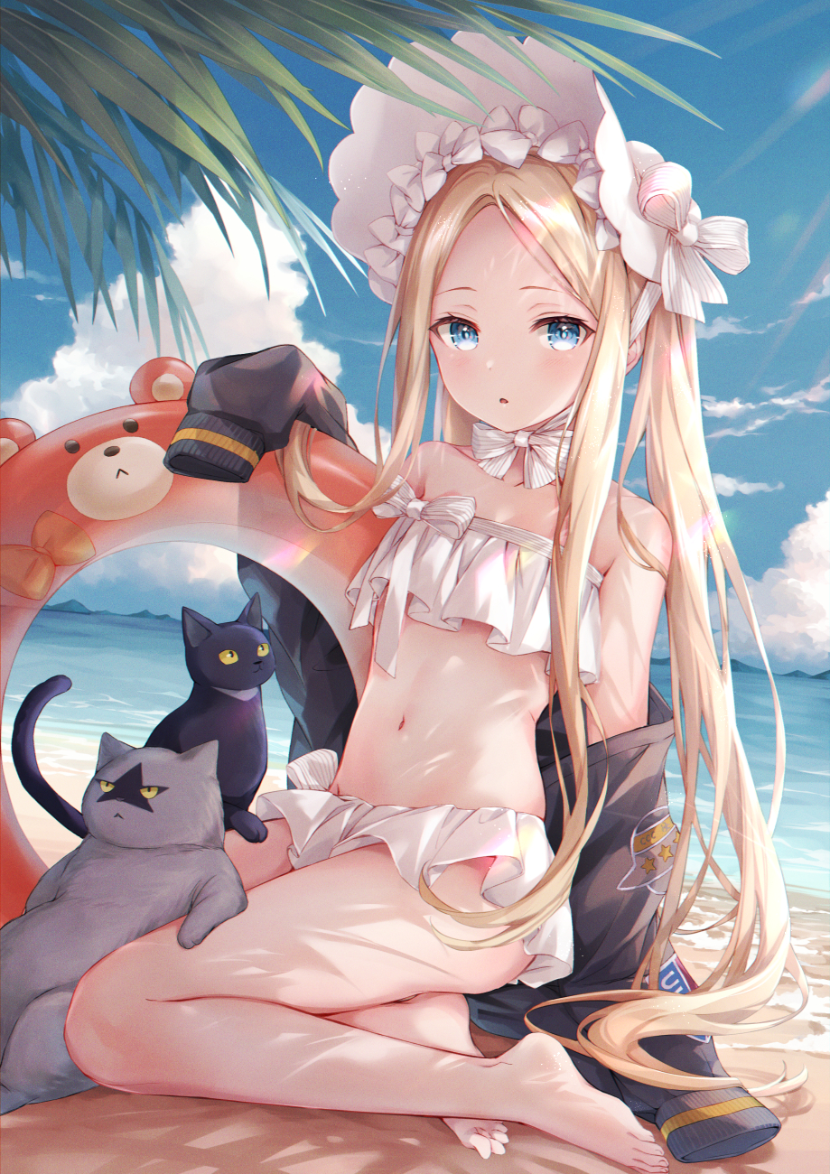 1girl abigail_williams_(swimsuit_foreigner)_(fate) annoyed bangs bare_legs bare_shoulders barefoot beach bikini bikini_skirt black_cat black_jacket blonde_hair blue_eyes blush bow breasts cat collarbone commentary_request day fate/grand_order fate_(series) hair_bow highres innertube innertube_with_ears jacket long_hair long_sleeves looking_at_viewer multiple_hair_bows navel ocean off_shoulder outdoors parted_bangs sitting solo stomach swimsuit very_long_hair white_bow yumesaki