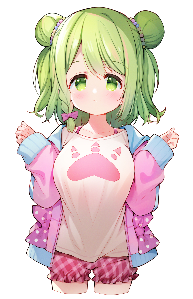 1girl alternate_breast_size bangs blush bow braid breasts closed_mouth collarbone commentary_request cropped_legs double_bun eyebrows_visible_through_hair green_eyes green_hair hair_bow hands_up highres hood hood_down hooded_jacket jacket long_sleeves looking_at_viewer medium_breasts meito_(maze) morinaka_kazaki nijisanji open_clothes open_jacket pink_bow pink_jacket plaid plaid_shorts red_shorts shirt short_shorts shorts simple_background sleeves_past_wrists smile solo virtual_youtuber white_background white_shirt