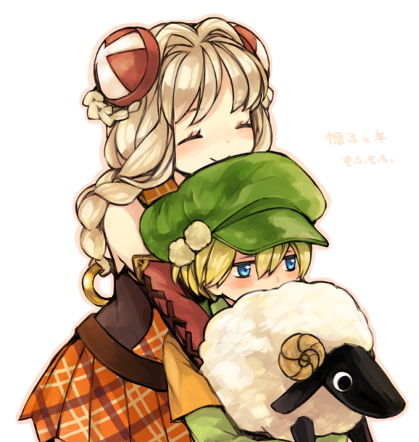 animal bare_shoulders blonde_hair blush braid closed_eyes farmer_(sekaiju) green_headwear hair_ornament hat hetero highlander_(sekaiju_2) holding holding_animal hug hug_from_behind kiharatta long_hair orange_skirt sekaiju_no_meikyuu sekaiju_no_meikyuu_2 sekaiju_no_meikyuu_3 sheep shin_sekaiju_no_meikyuu_2 simple_background skirt smile white_background white_hair