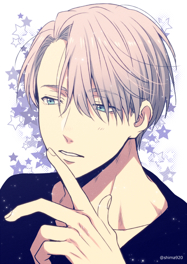 1boy bangs black_shirt blue_eyes collarbone commentary_request eyebrows_visible_through_hair finger_to_mouth fingernails grey_hair hair_over_one_eye hand_up light_blush looking_to_the_side male_focus mashima_shima parted_lips shirt short_hair solo star_(symbol) starry_background starry_sky_print twitter_username upper_body viktor_nikiforov white_background yuri!!!_on_ice