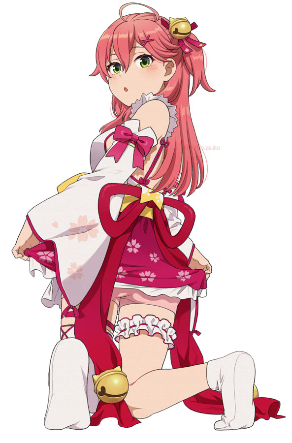 1girl ahoge bell cherry_blossom_print detached_sleeves floral_print green_eyes hair_bell hair_ornament hairclip hololive leg_garter looking_at_viewer mattaku_mousuke pink_hair pink_shorts sakura_miko short_shorts shorts signature socks solo virtual_youtuber white_background x_hair_ornament