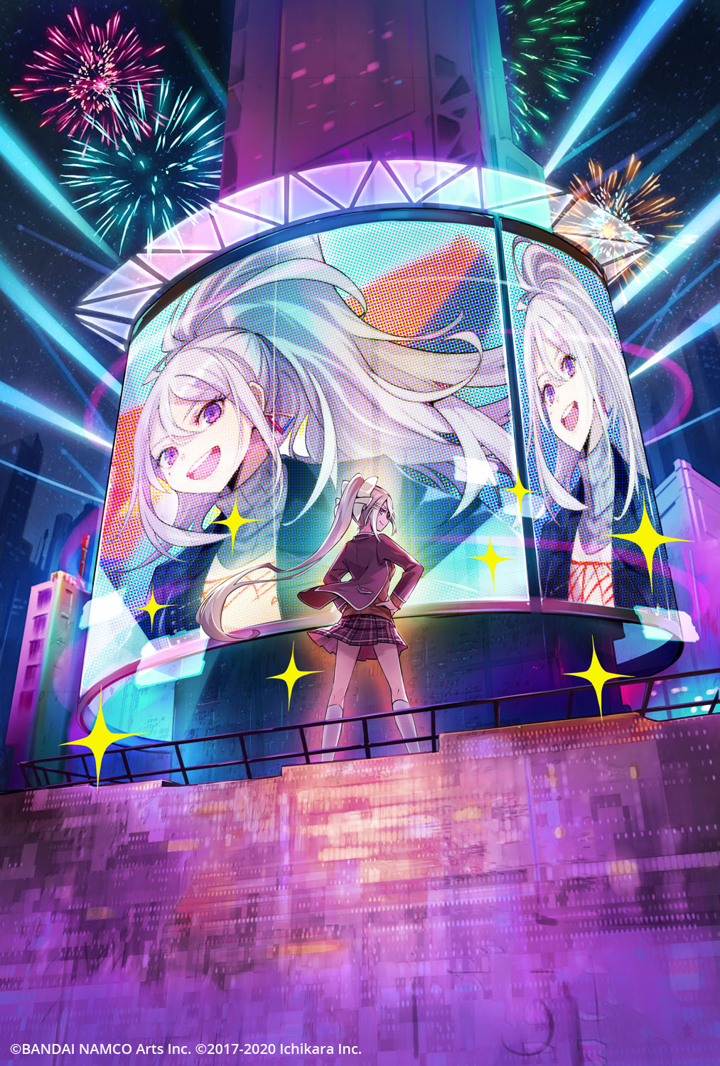 1girl aerial_fireworks bow brown_vest closed_mouth earrings fireworks floating_hair from_behind hair_bow hands_on_hips highres higuchi_kaede jacket jewelry long_hair looking_at_viewer looking_back nijisanji official_art open_clothes open_jacket pokimari ponytail profile school_uniform screen smile socks solo sweater sweater_vest very_long_hair vest violet_eyes watermark white_bow white_legwear white_sweater wind wind_lift