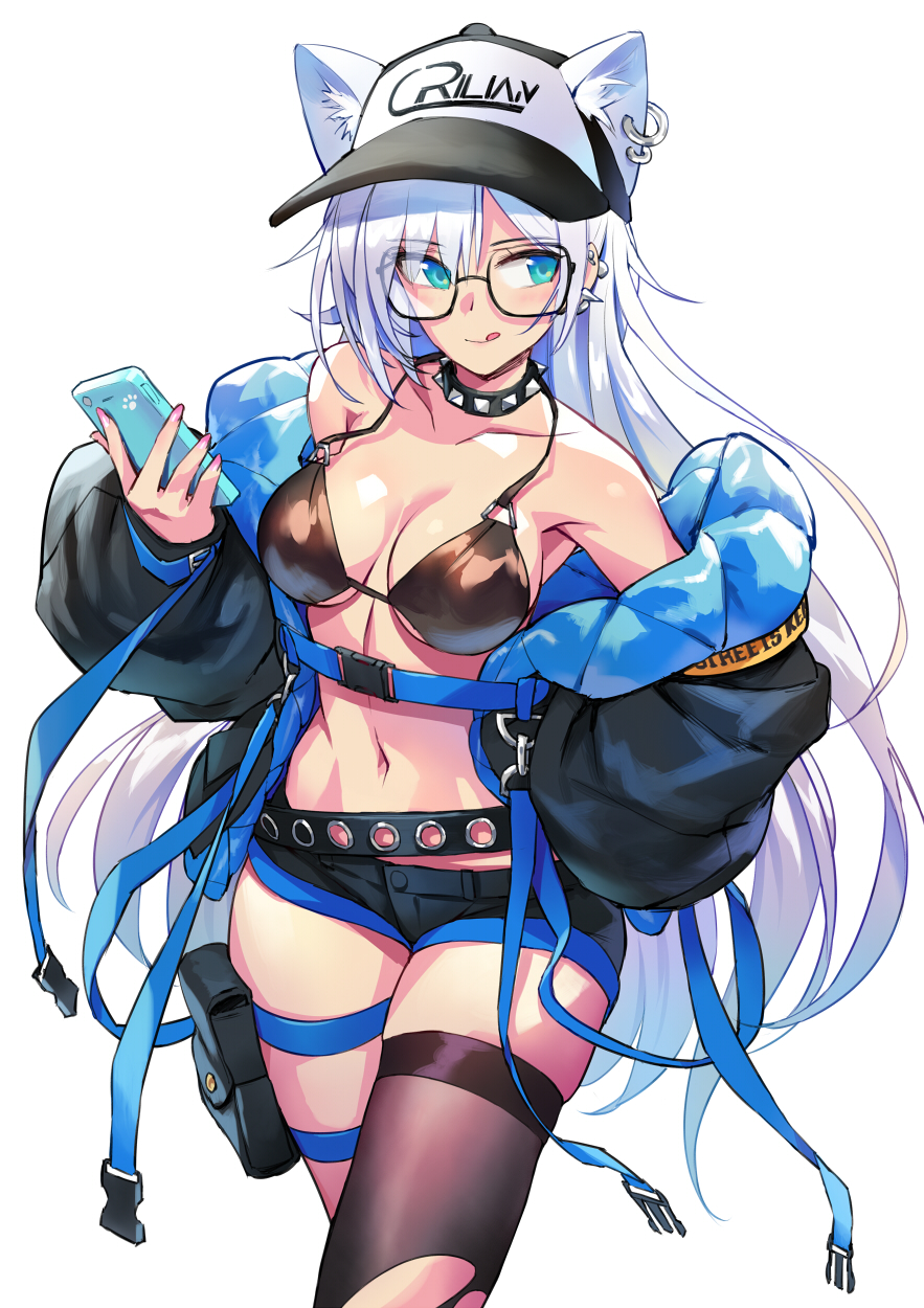 1girl :p animal_ears bangs bikini blue_eyes breasts cellphone collar ear_piercing earrings ears_through_headwear extra_ears eyebrows_visible_through_hair highres jacket jewelry long_hair matsuda_(matsukichi) medium_breasts nail_polish navel off_shoulder open_clothes open_jacket original phone piercing shorts single_thighhigh smartphone solo spiked_collar spikes swimsuit thigh-highs thigh_strap tongue tongue_out white_background white_hair