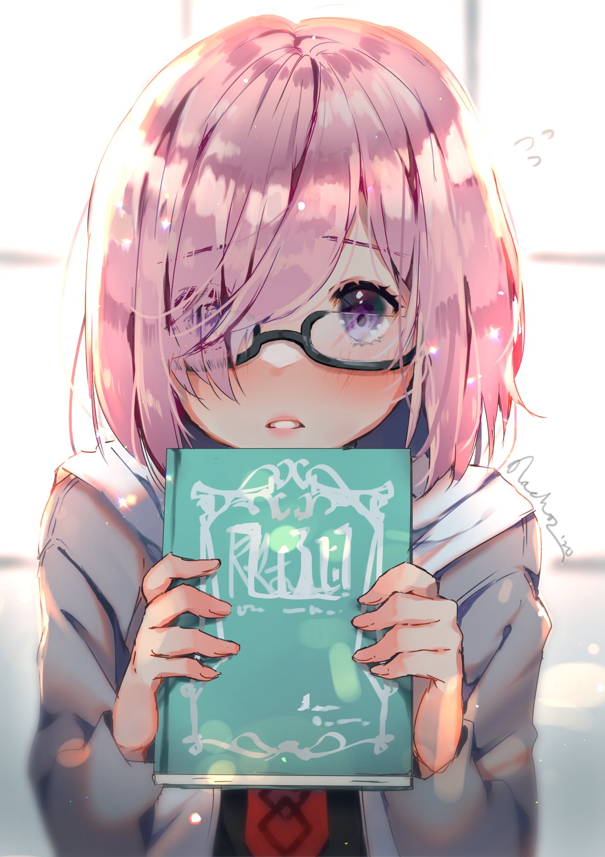 1girl 2020 backlighting black-framed_eyewear book chaldea_uniform commentary_request day fate/grand_order fate_(series) fingernails glasses hair_over_one_eye highres holding holding_book hood hood_down looking_at_viewer mash_kyrielight nachoz_(nachozart) pink_hair semi-rimless_eyewear short_hair shy signature solo under-rim_eyewear violet_eyes