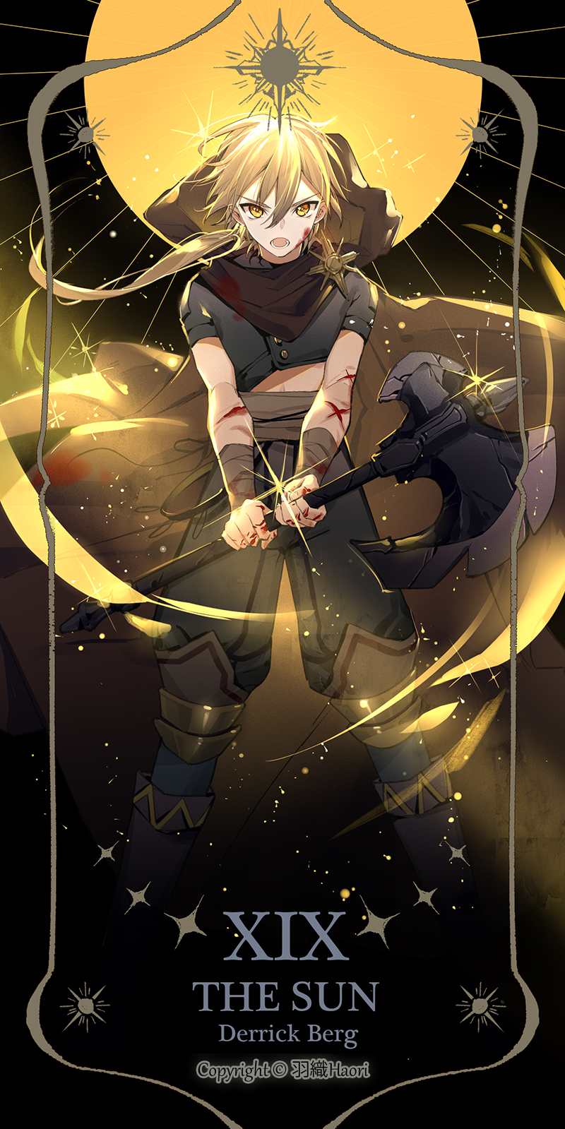 1boy axe black_pants brown_cape brown_hair cape derrick_berg f.l.c. highres holding holding_weapon hood injury looking_at_viewer lord_of_the_mysteries numbered open_mouth pants puffy_pants roman_numeral scar solo star_(symbol) sun sun_(symbol) sun_print sunlight tarot tarot_arcana the_sun_(tarot) weapon yellow_eyes