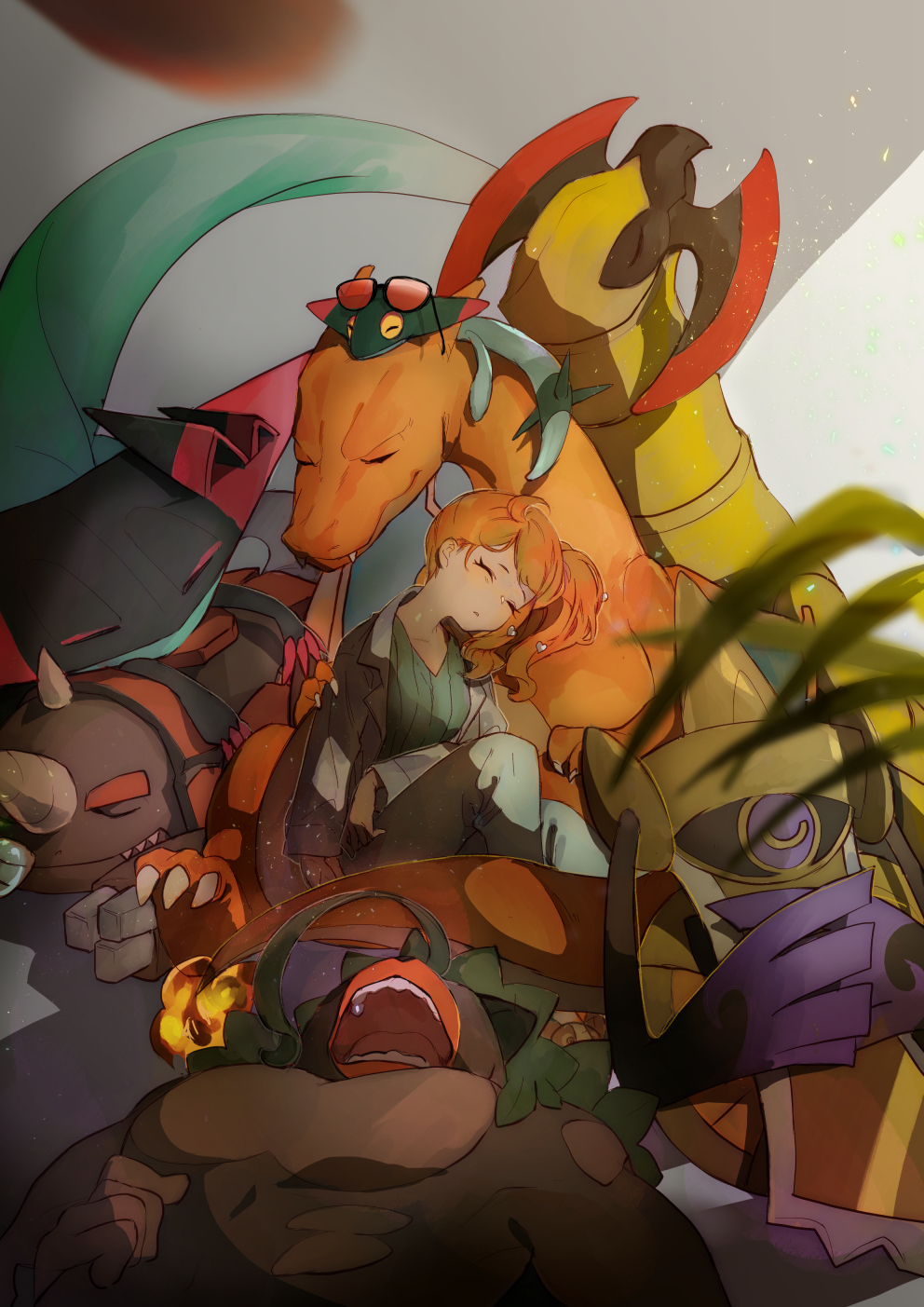 1girl aegislash blurry charizard closed_eyes closed_mouth coat commentary_request dragapult dreepy eyelashes fire gen_1_pokemon gen_4_pokemon gen_5_pokemon gen_6_pokemon gen_8_pokemon green_shirt grey_coat hair_ornament haxorus heart heart_hair_ornament highres long_hair long_sleeves motoaki orange_hair pants pokemon pokemon_(creature) pokemon_(game) pokemon_swsh rhyperior ribbed_shirt rillaboom shirt side_ponytail sleeping sonia_(pokemon)