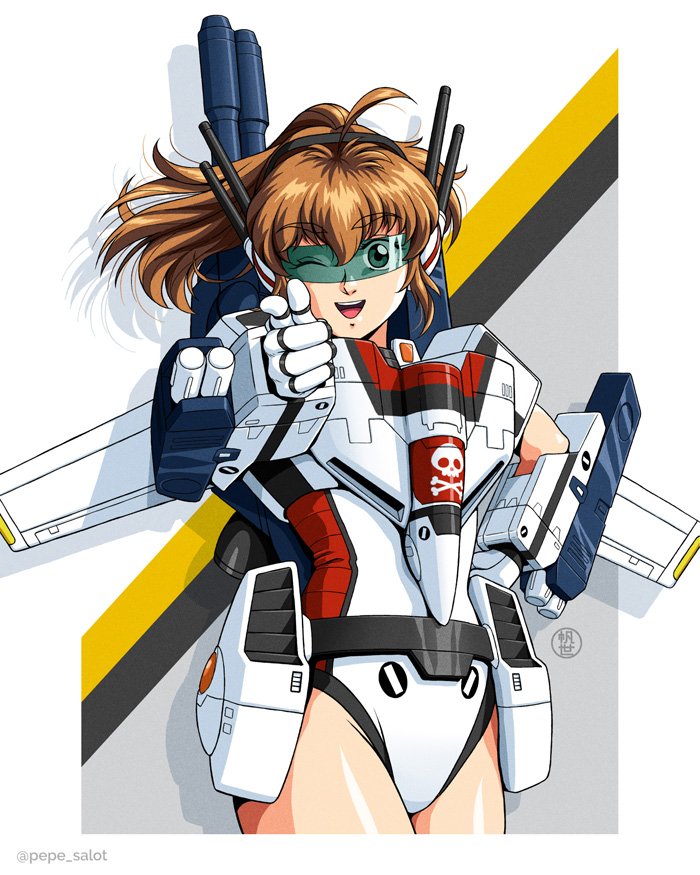 1980s_(style) 1girl ;) ahoge blue_eyes border brown_hair choujikuu_yousai_macross commentary commission english_commentary eyebrows_visible_through_hair finger_gun gloves hand_on_hip jose_salot leotard long_hair looking_at_viewer macross making-of_available mecha_musume one_eye_closed personification pointing pointing_at_viewer retro_artstyle smile solo twitter_username upper_body variable_fighter vf-1 visor white_border white_gloves white_leotard