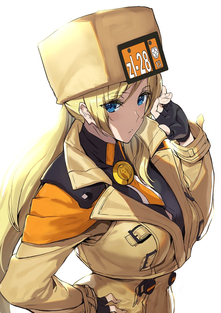 1girl ashiomi_masato bangs black_gloves blonde_hair blue_eyes breasts fingerless_gloves gloves guilty_gear guilty_gear_strive jacket large_breasts long_hair long_sleeves looking_at_viewer millia_rage simple_background white_background yellow_headwear yellow_jacket