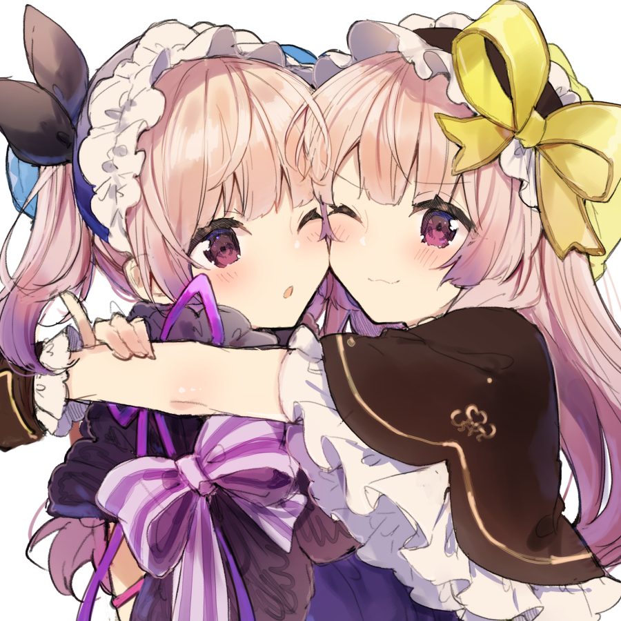 2girls :3 :o black_bow blonde_hair blush bow brown_capelet hair_bow hair_ribbon hug ikeuchi_tanuma multiple_girls original parted_lips purple_bow ribbon siblings simple_background smile twins violet_eyes white_background yellow_ribbon